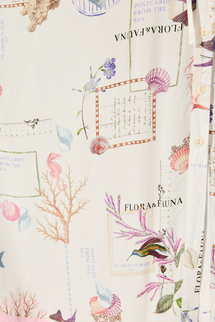 Seashell Skies Maxi Shirt Dress in White with Multi Shell fabric