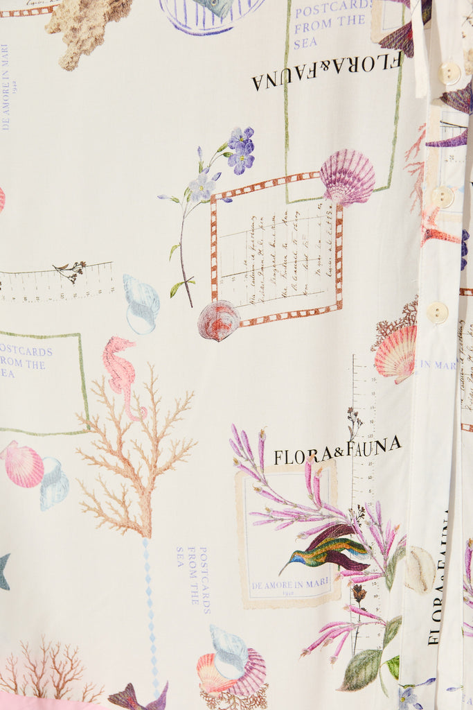 Seashell Skies Maxi Shirt Dress in White with Multi Shell fabric