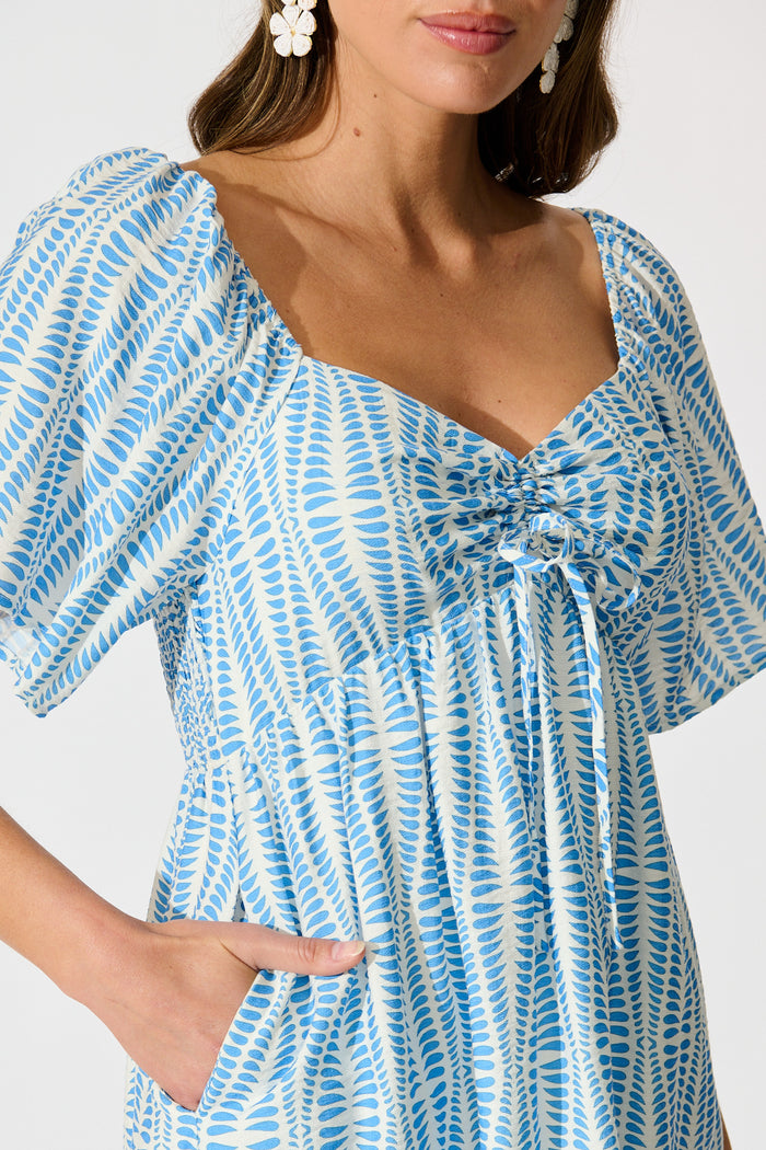Wilda Dress in Blue and White Print detail