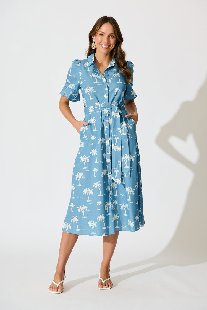 Marlia Midi Shirt Dress in Blue with White Palm Tree full length