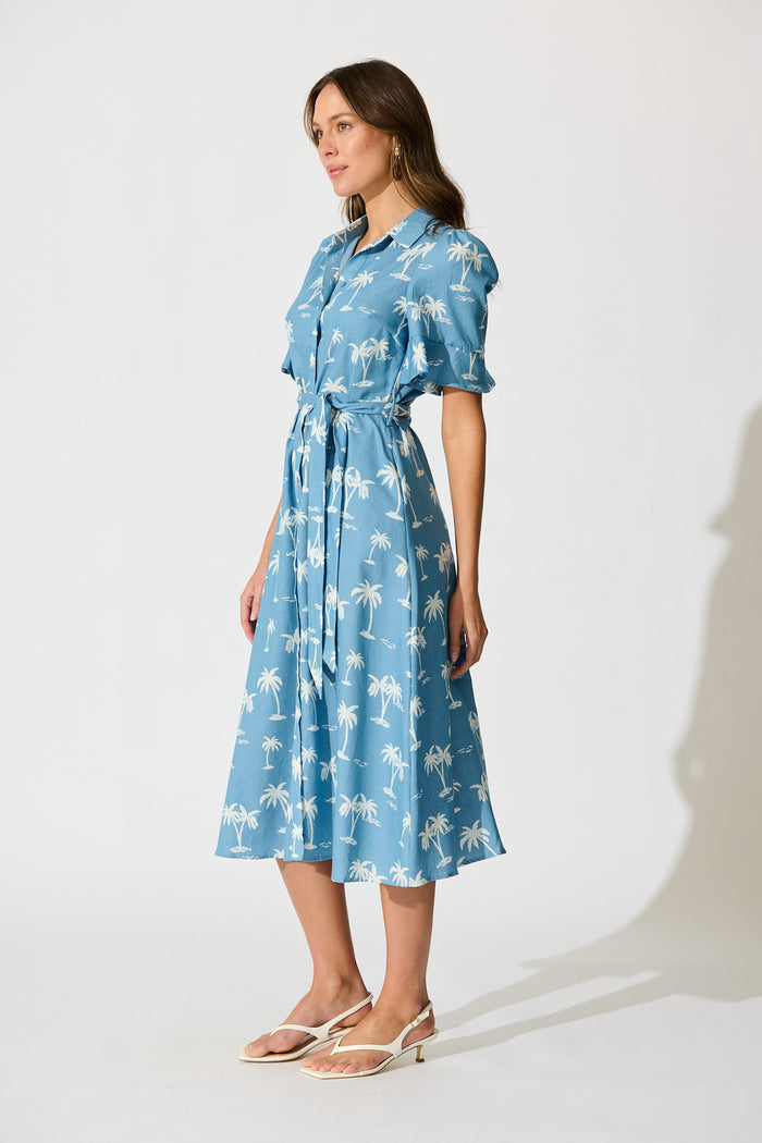 Marlia Midi Shirt Dress in Blue with White Palm Tree side
