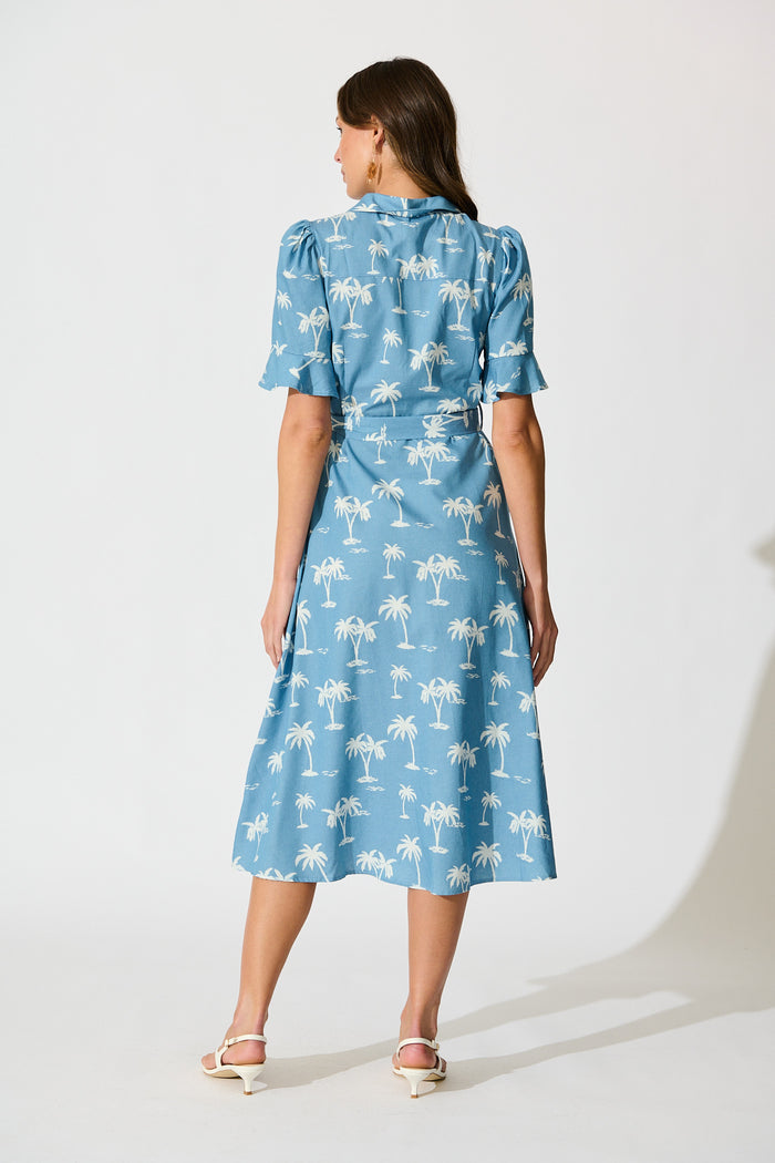 Marlia Midi Shirt Dress in Blue with White Palm Tree back