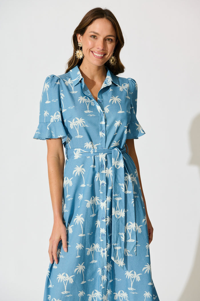 Marlia Midi Shirt Dress in Blue with White Palm Tree front