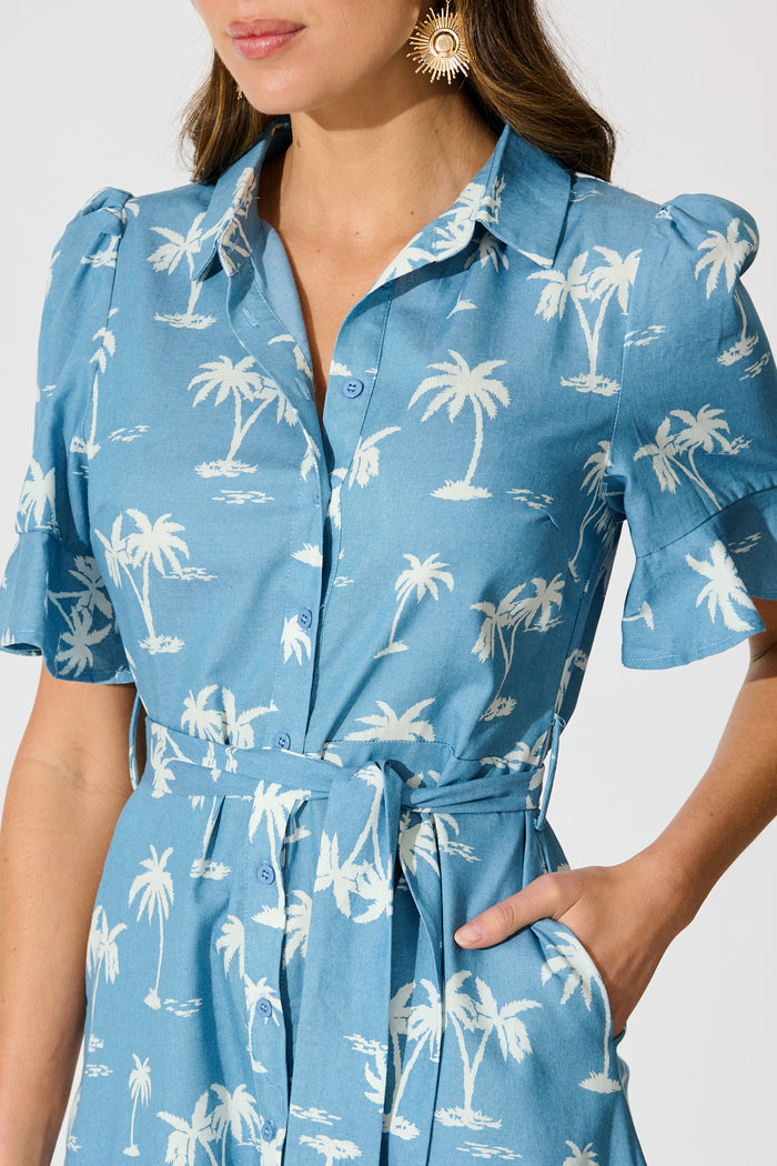 Marlia Midi Shirt Dress in Blue with White Palm Tree detail