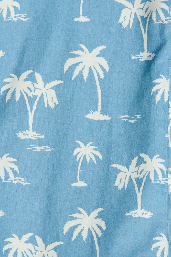 Marlia Midi Shirt Dress in Blue with White Palm Tree fabric