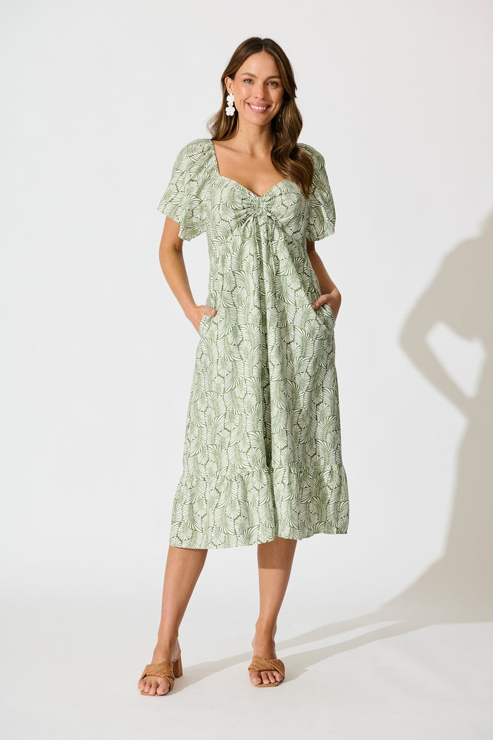 Kammy Midi Dress in Green Leaf Print full length