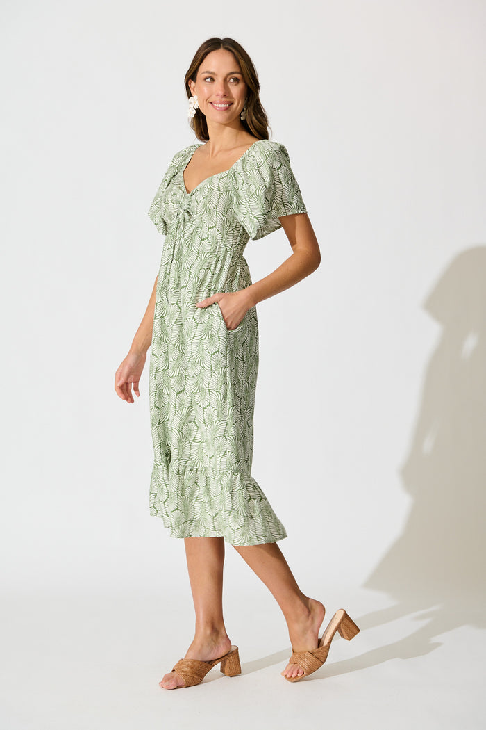 Kammy Midi Dress in Green Leaf Print side