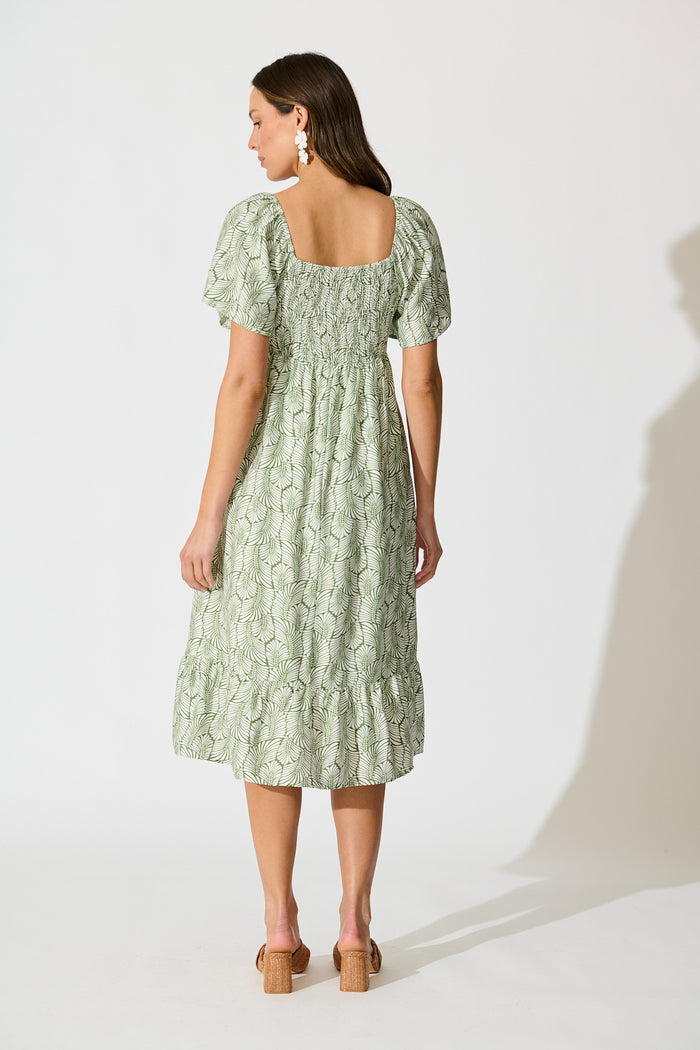 Kammy Midi Dress in Green Leaf Print back