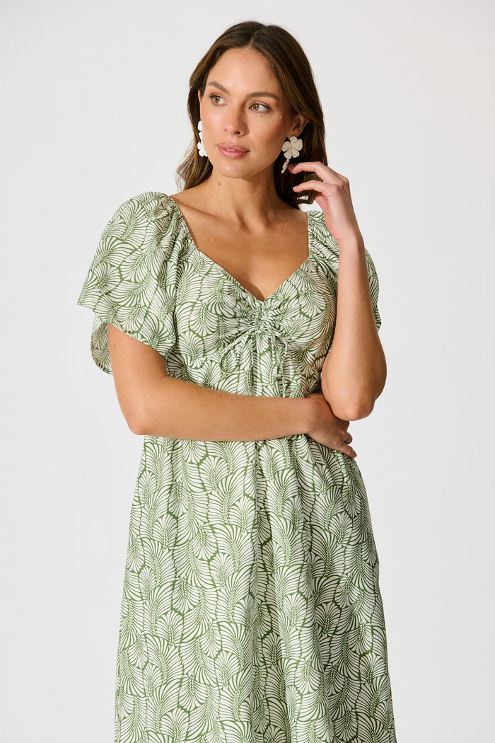 Kammy Midi Dress in Green Leaf Print front