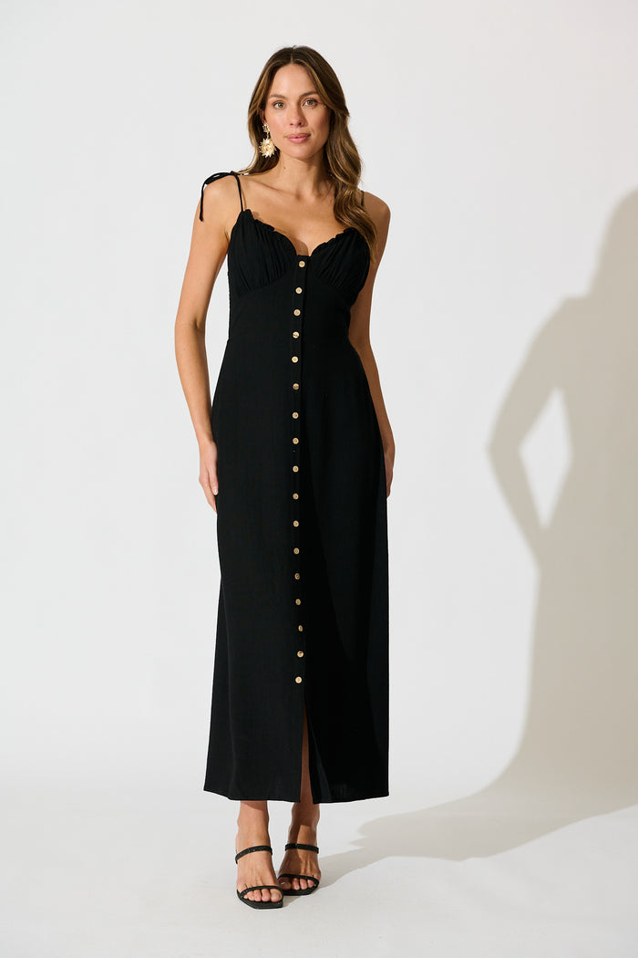 Shani Maxi Dress in Black Linen Blend full length