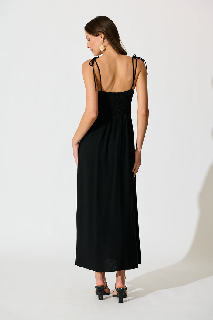 Shani Maxi Dress in Black Linen Blend back