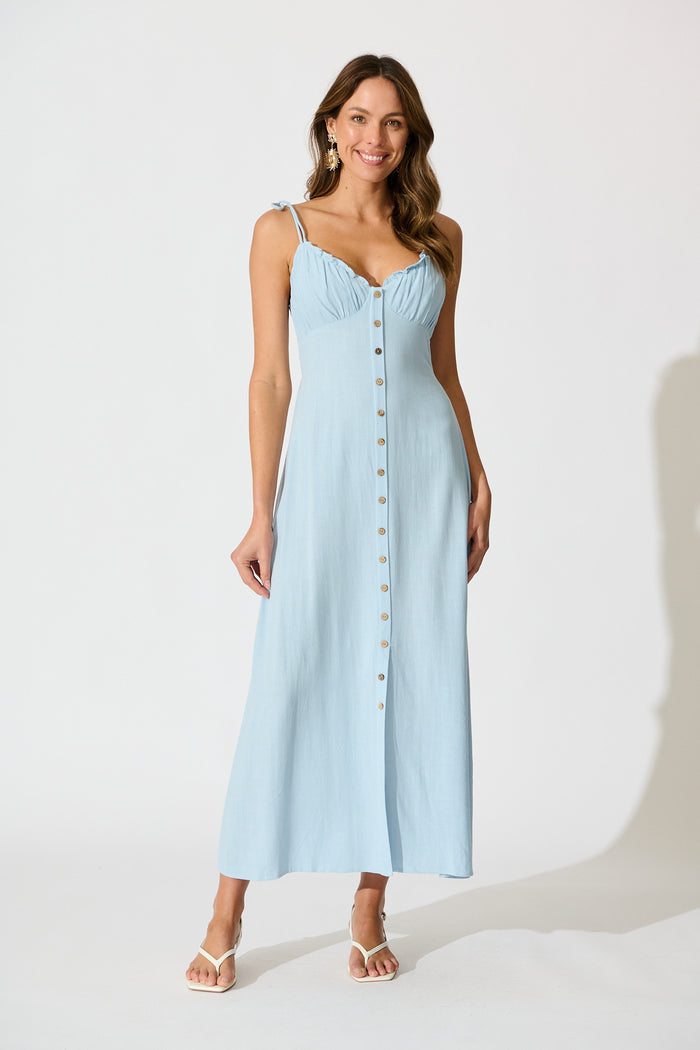 Shani Maxi Dress in Light Blue Linen Blend full length