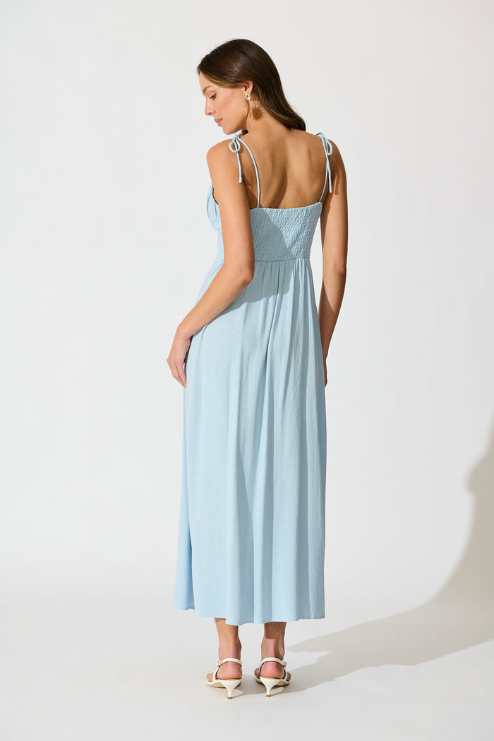 Shani Maxi Dress in Light Blue Linen Blend back