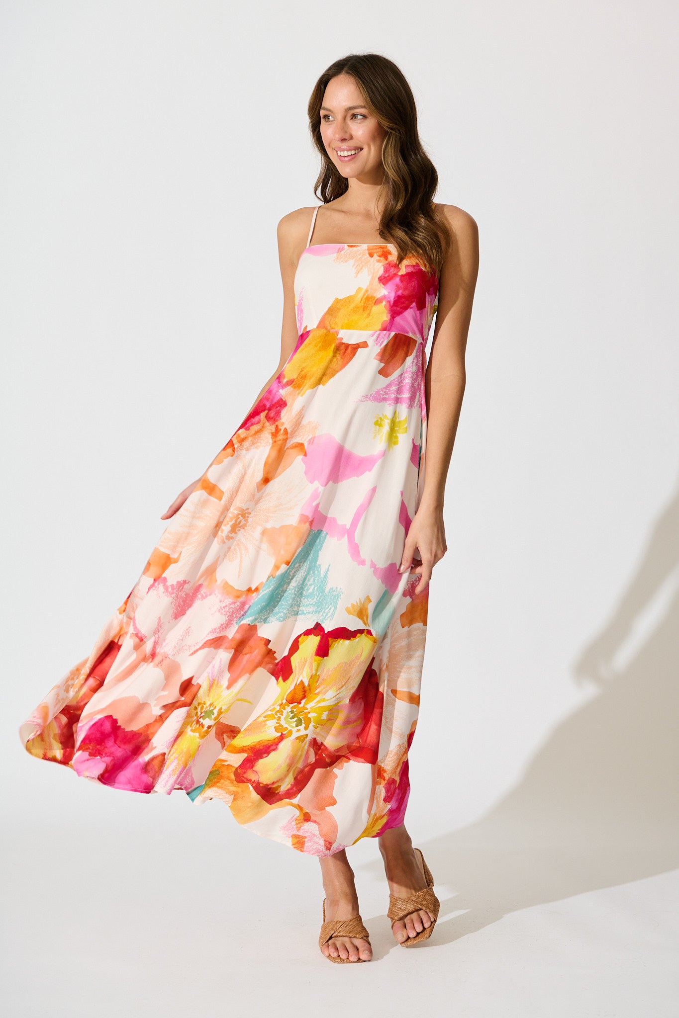 Willa Maxi Sundress in Blush and Multi Floral full length