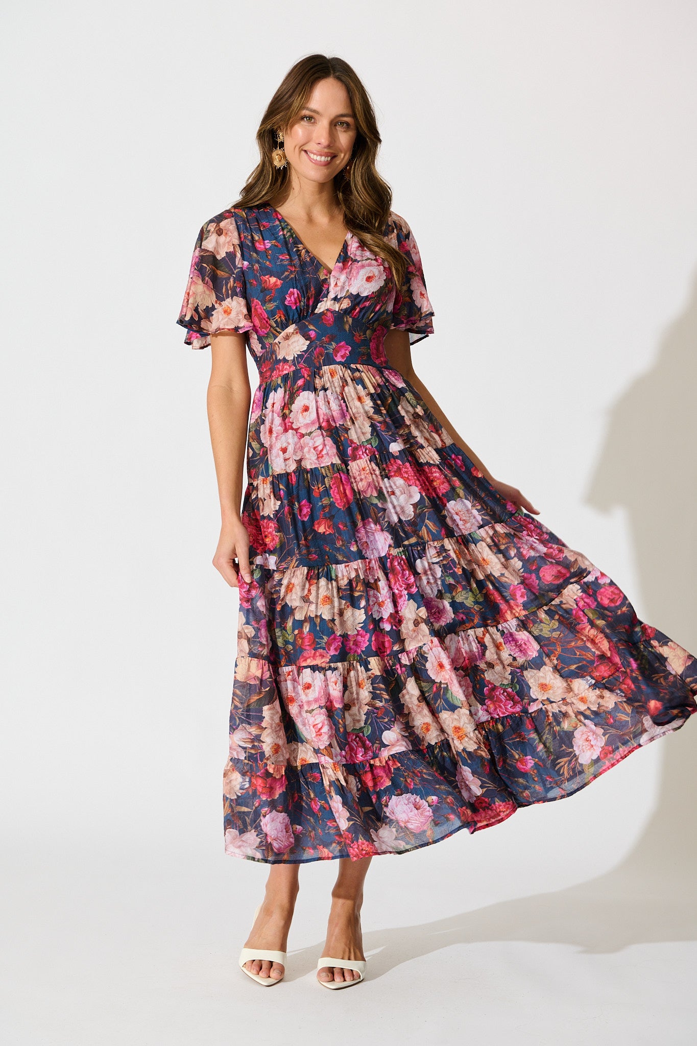 Pastel Symphony Maxi Dress in Navy with Blush Floral full length