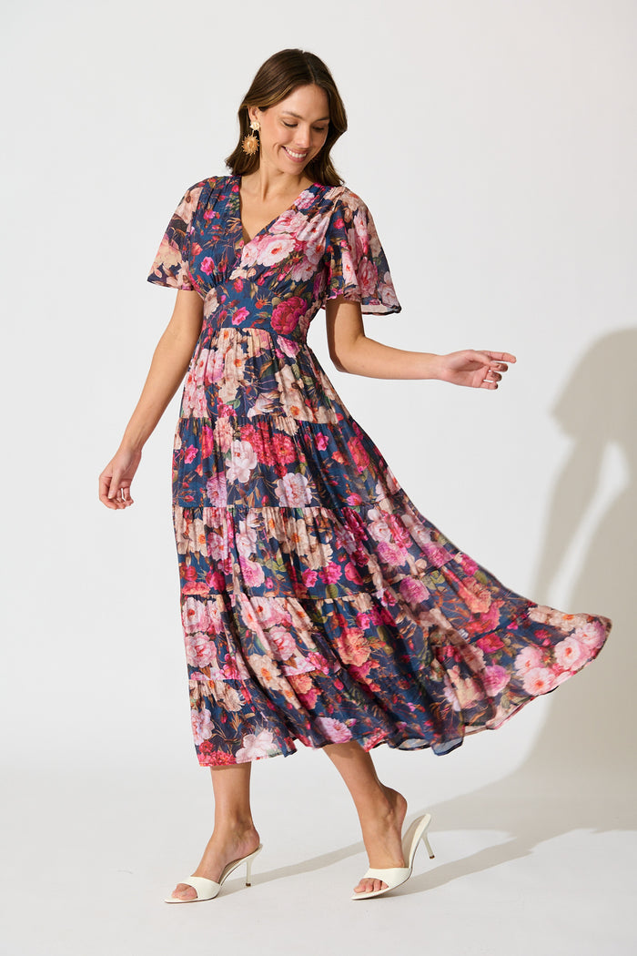 Pastel Symphony Maxi Dress in Navy with Blush Floral side