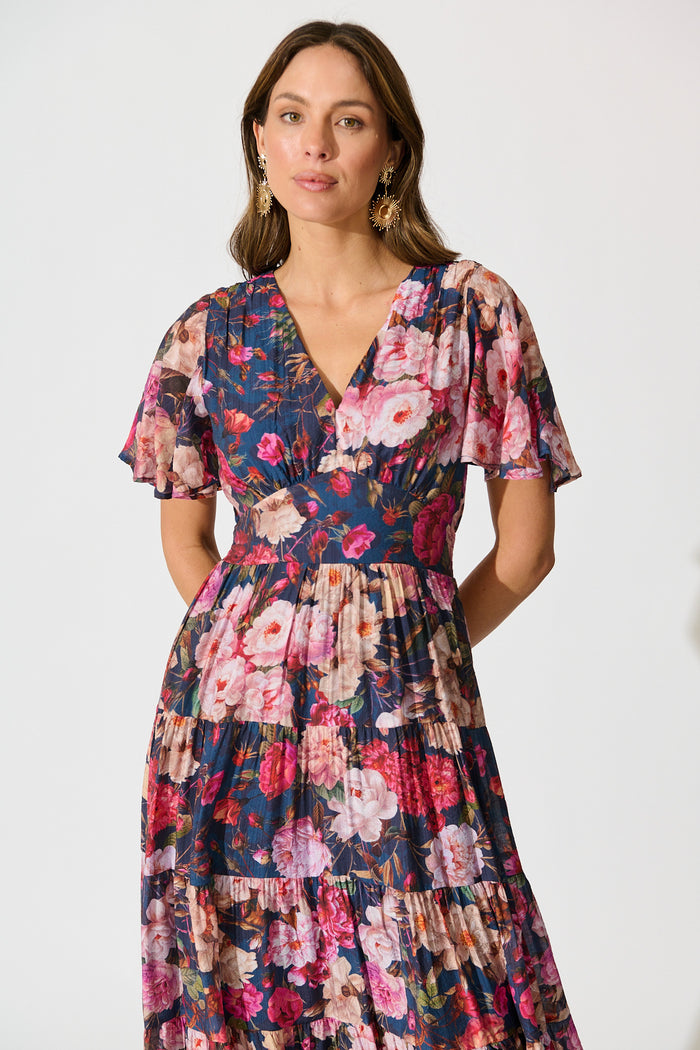 Pastel Symphony Maxi Dress in Navy with Blush Floral front