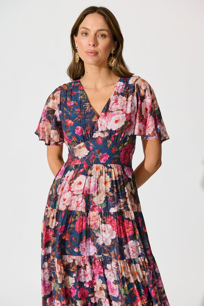 Pastel Symphony Maxi Dress in Navy with Blush Floral front