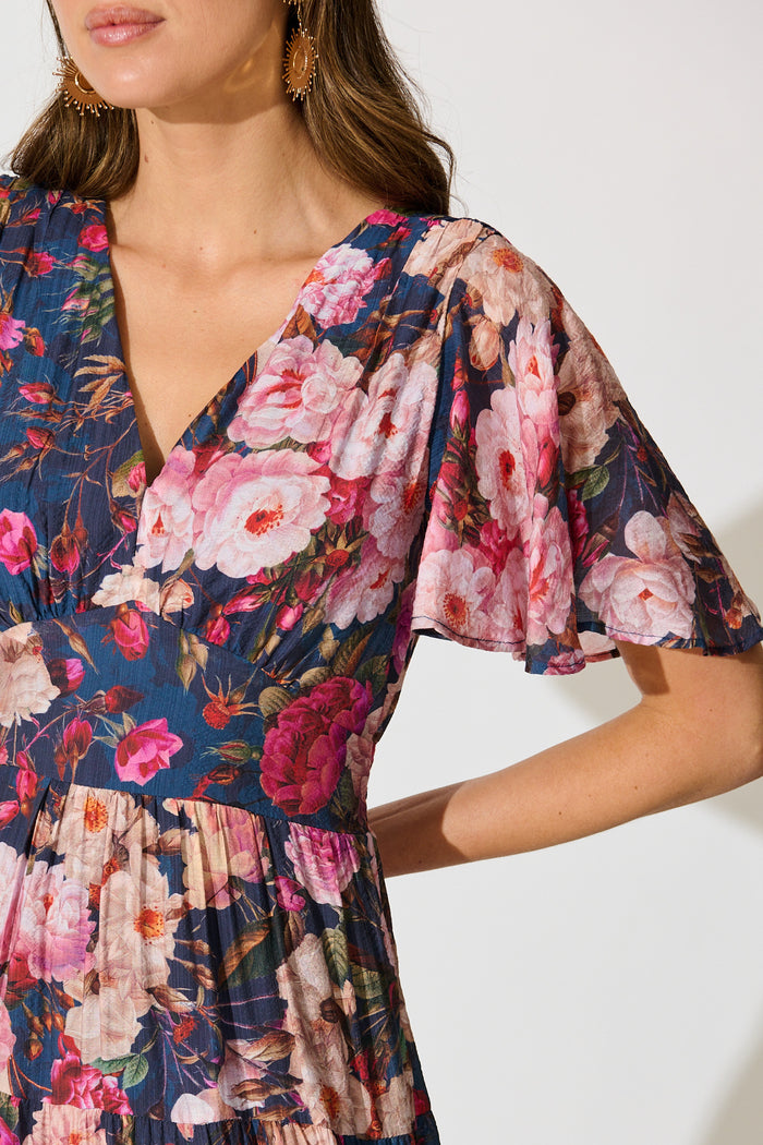 Pastel Symphony Maxi Dress in Navy with Blush Floral detail