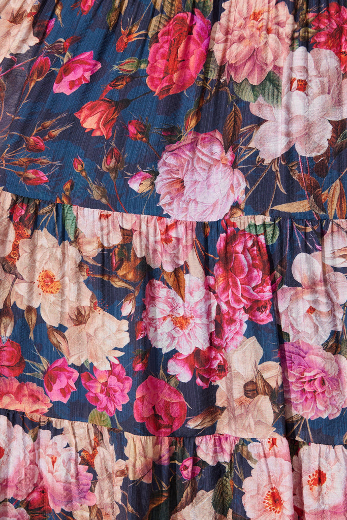 Pastel Symphony Maxi Dress in Navy with Blush Floral fabric