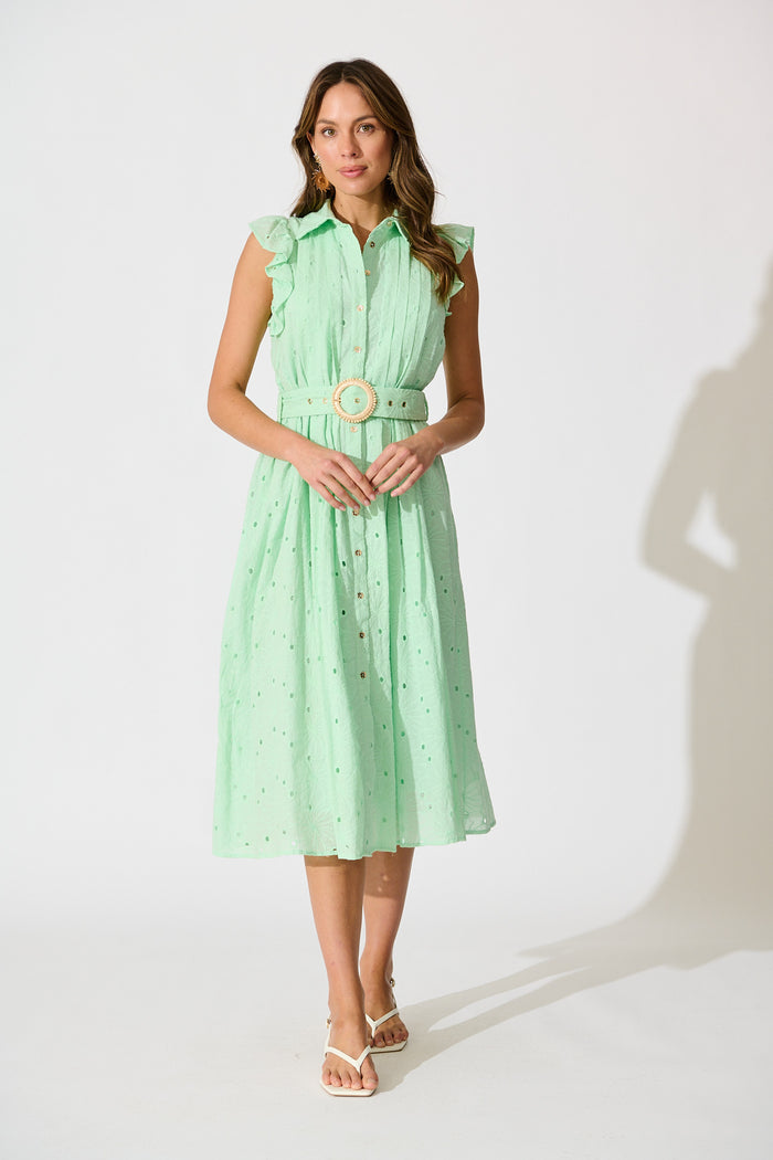 Jepson Midi Shirt Dress in Mint Broderie Cotton full length