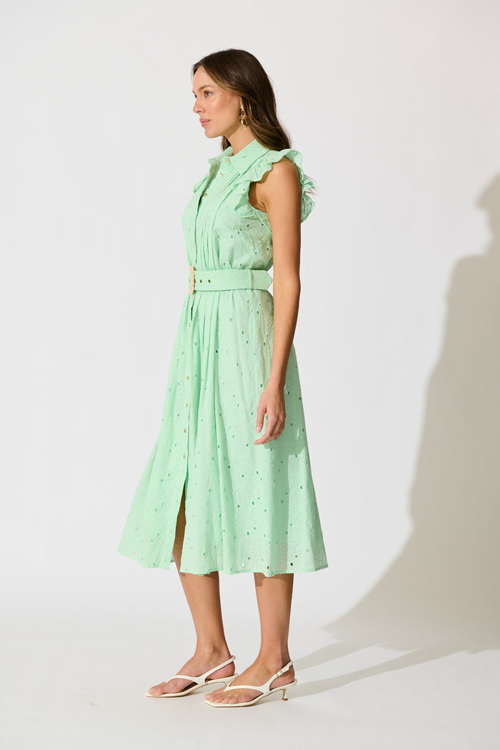 Jepson Midi Shirt Dress in Mint Broderie Cotton side