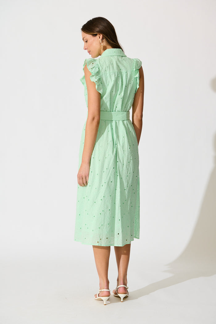Jepson Midi Shirt Dress in Mint Broderie Cotton back