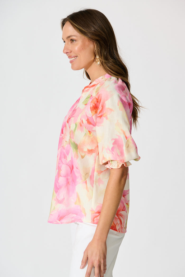 Blushing Horizon Top in Pink Multi Floral Linen Blend side