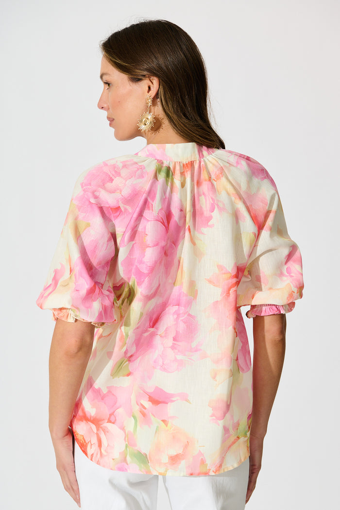 Blushing Horizon Top in Pink Multi Floral Linen Blend back