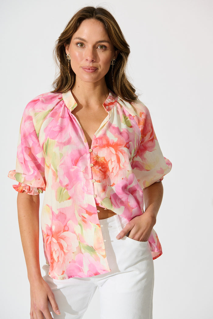 Blushing Horizon Top in Pink Multi Floral Linen Blend front