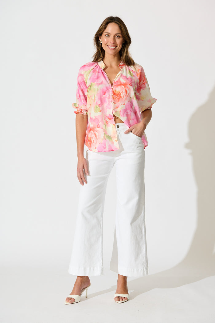 Blushing Horizon Top in Pink Multi Floral Linen Blend full length
