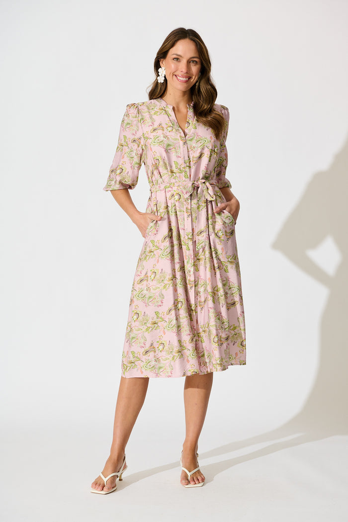 Emari Midi Dress in Blush Green Print