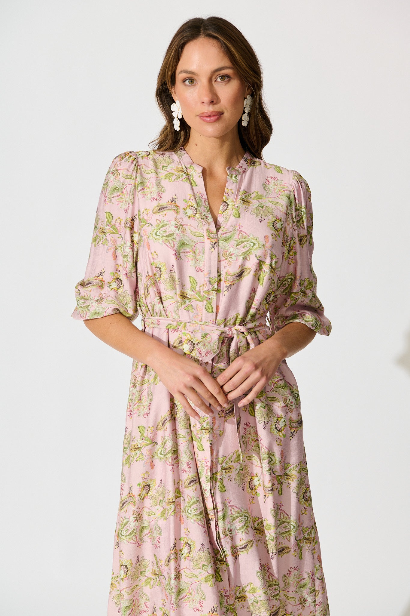 Emari Midi Dress in Blush Green Print | St Frock Emari Midi Dress in Blush Green Print | St Frock