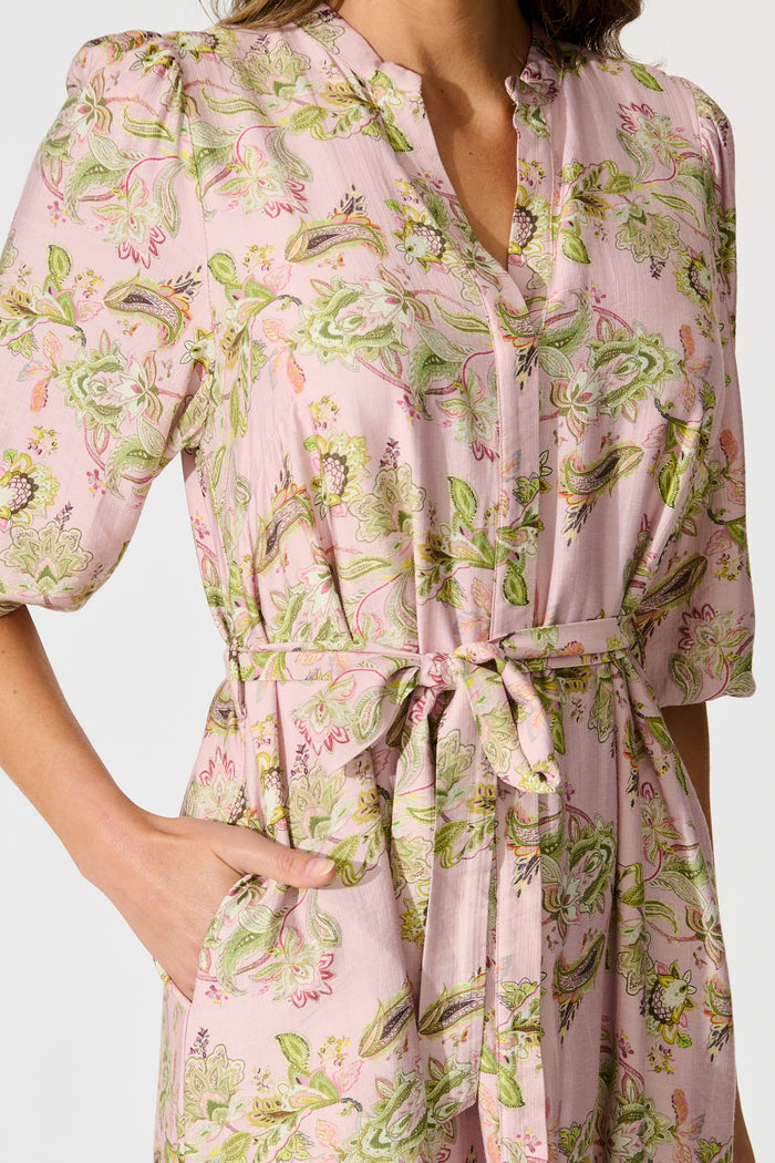 Emari Midi Dress in Blush with Green Print detail