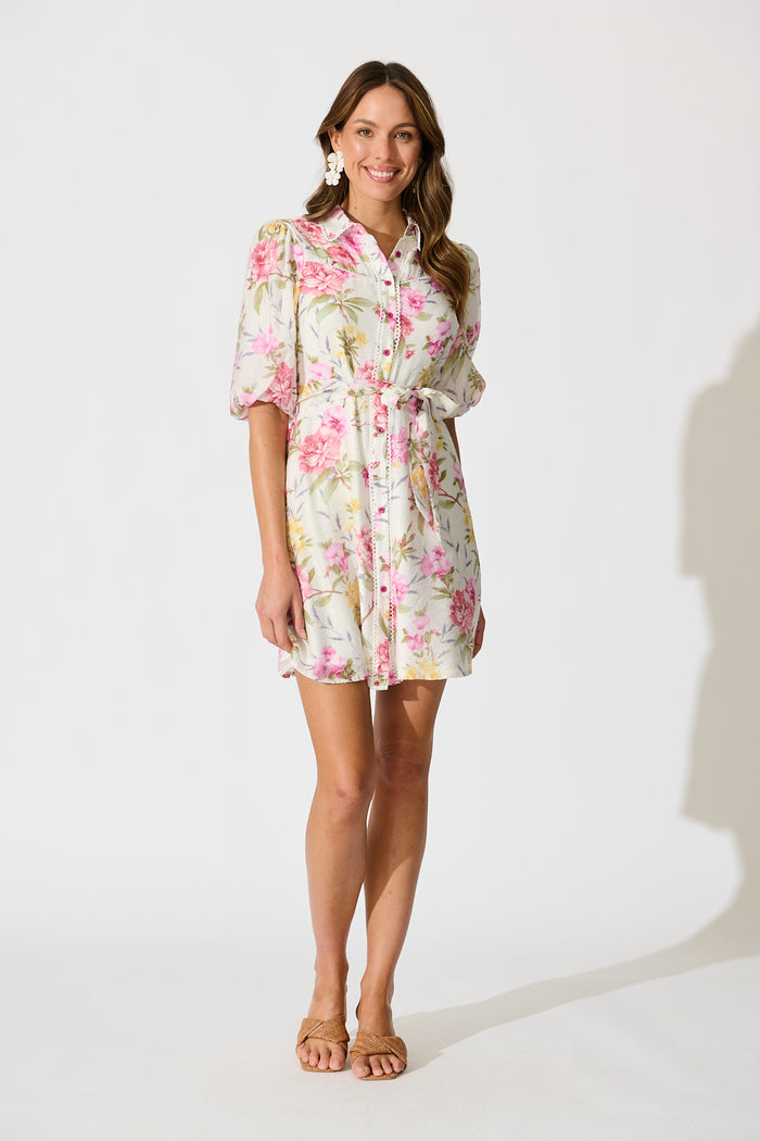 Ginny Shirt Dress in White with Blush Floral full length