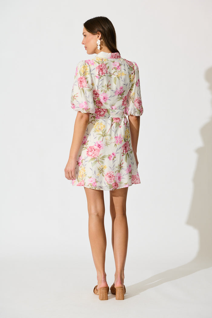 Ginny Shirt Dress in White with Blush Floral back