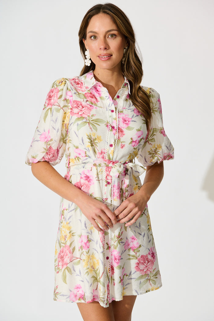 Ginny Shirt Dress in White with Blush Floral front