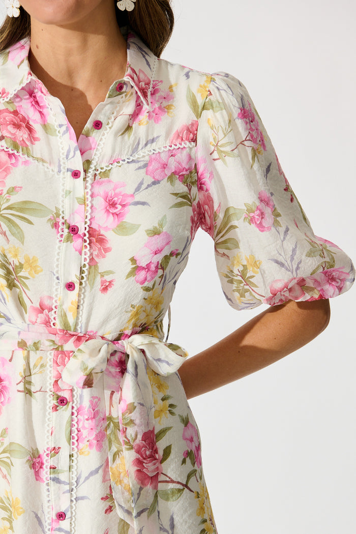 Ginny Shirt Dress in White with Blush Floral detail