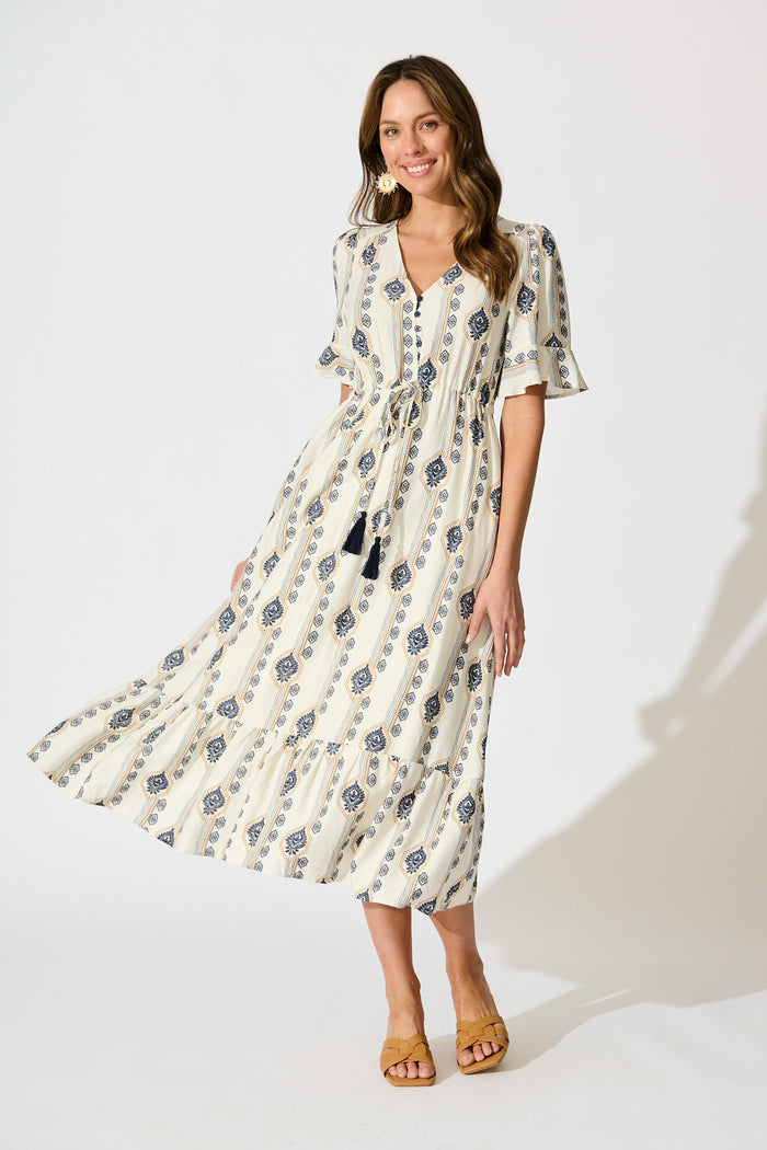 Keri Maxi Dress in Cream and Navy Boho Print full length