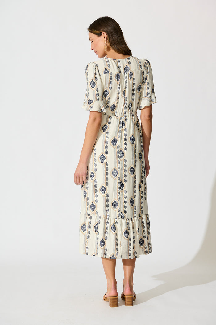 Keri Maxi Dress in Cream and Navy Boho Print back