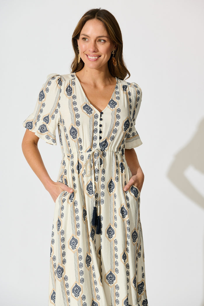 Keri Maxi Dress in Cream and Navy Boho Print front
