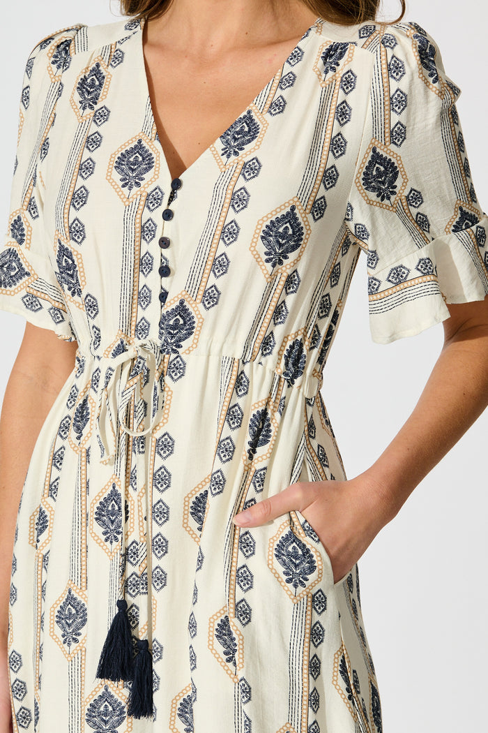 Keri Maxi Dress in Cream and Navy Boho Print detail