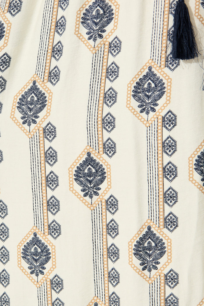Keri Maxi Dress in Cream and Navy Boho Print fabric