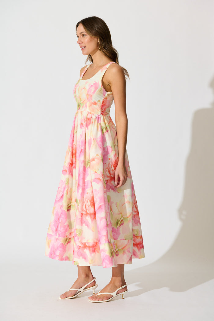Garden Soirée Maxi Dress in Pink Multi Floral Linen Blend side