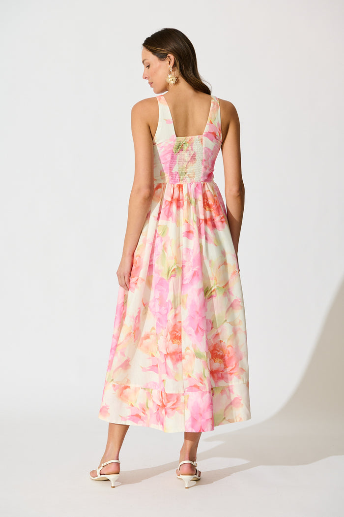 Garden Soirée Maxi Dress in Pink Multi Floral Linen Blend back
