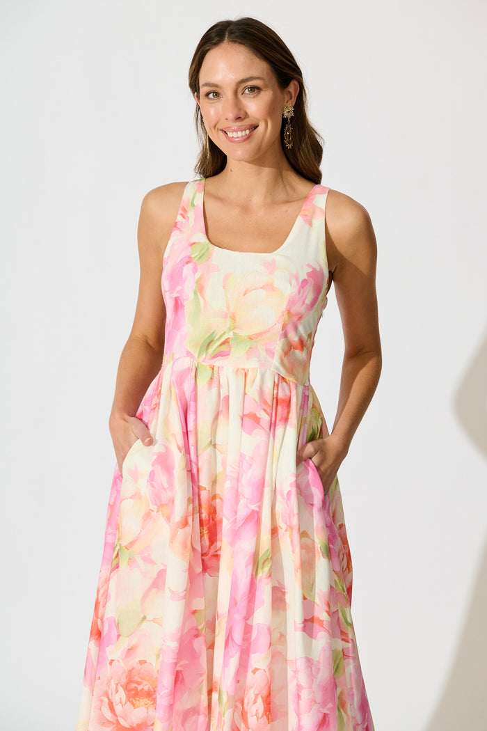 Garden Soirée Maxi Dress in Pink Multi Floral Linen Blend front