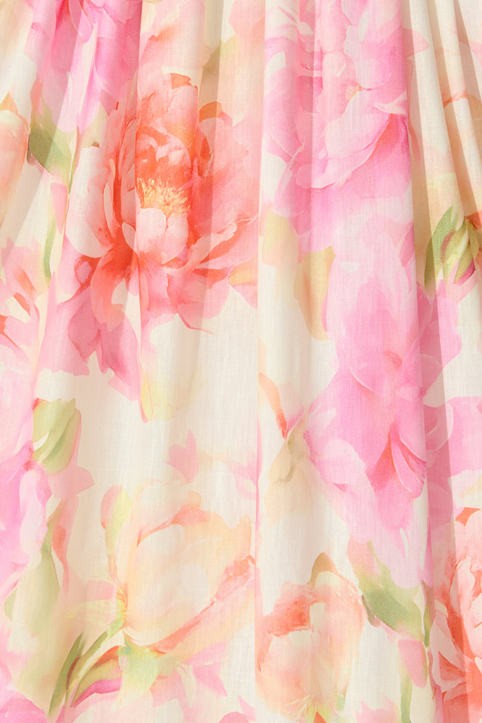 Garden Soirée Maxi Dress in Pink Multi Floral Linen Blend fabric
