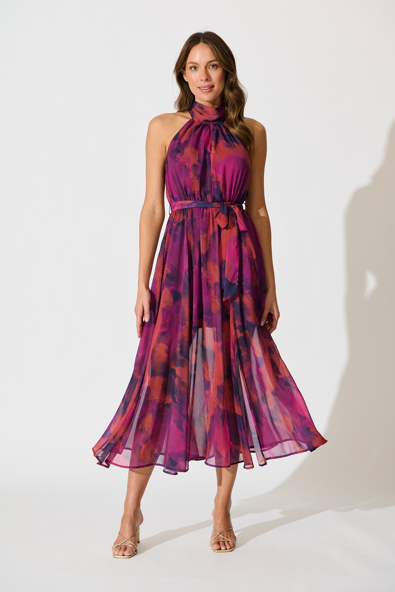 Kiss Me Halter Neck Maxi Dress in Purple Watercolour Chiffon full length