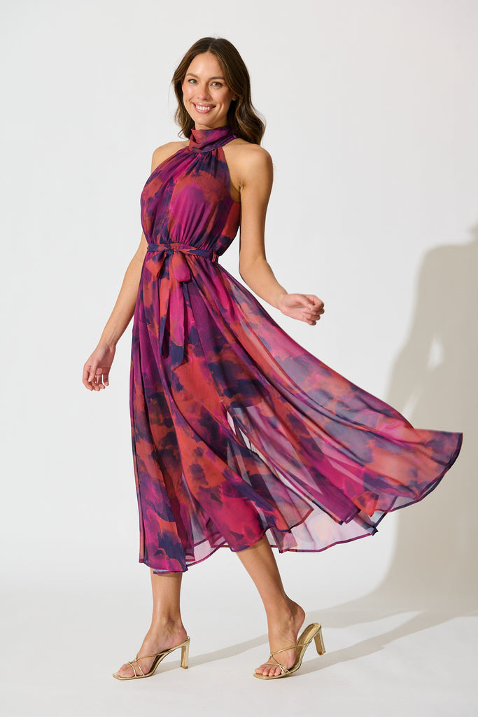 Kiss Me Halter Neck Maxi Dress in Purple Watercolour Chiffon side