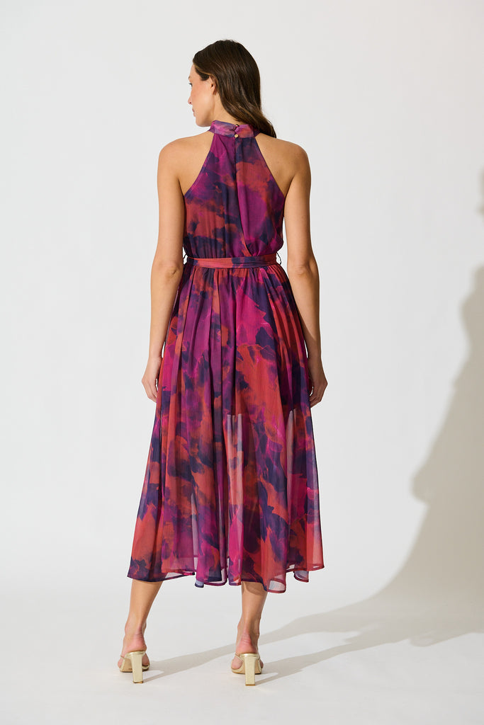 Kiss Me Halter Neck Maxi Dress in Purple Watercolour Chiffon back